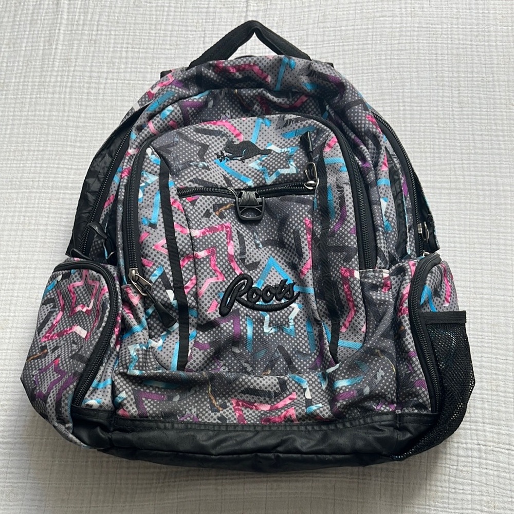 Roots School Backpack Multi Compartment Grey Pink Blue Abstract Geometric Patter